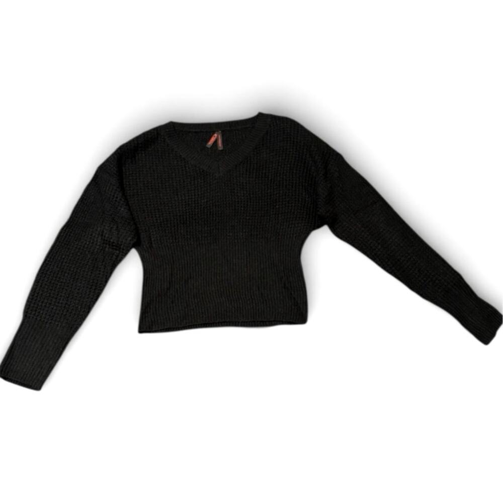 Yoki Women's V Neck Sweater Large Black Cotton Knit Cropped Waist Long Sleeves